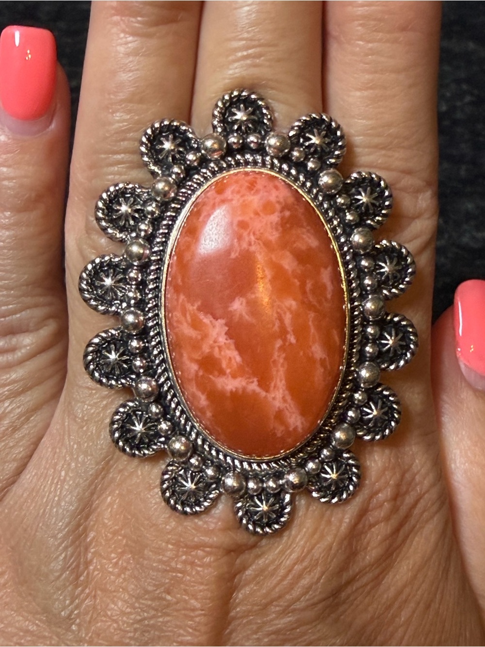 Orange Stone Statement Ring Silver Tone Stretch Cocktail Boho Western